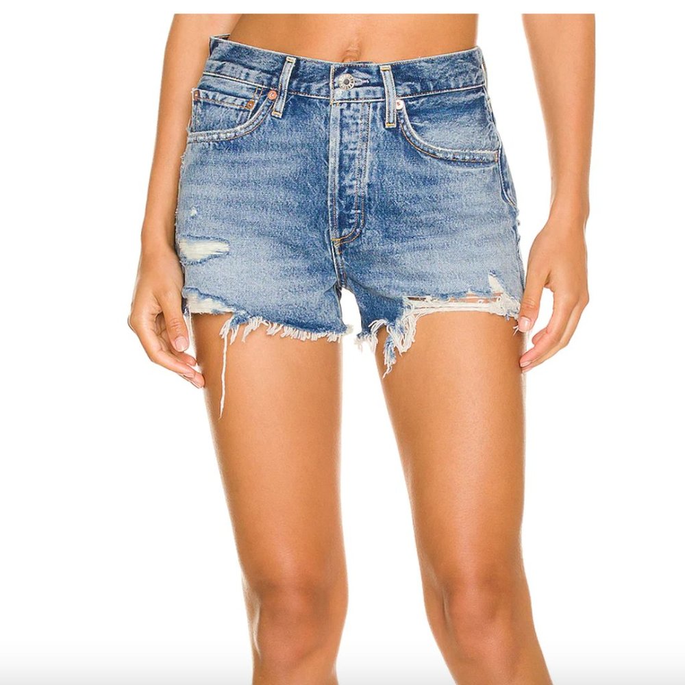 Agolde Vintage Cut Off Medium Wash High Waisted Distressed Denim Shorts